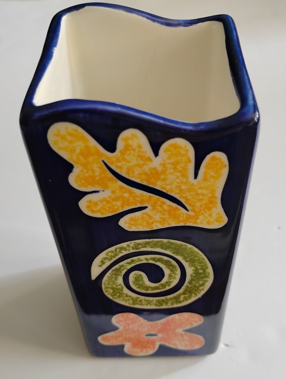 FTD Square Vase, Cobalt Blue, Leaf Swirl Pattern, Glazed Ceramic, Pre-owned